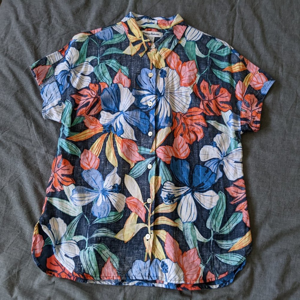 Tommy Bahama Colorful Floral Linen Camp Shirt Coastal Grandmother Lagenl…